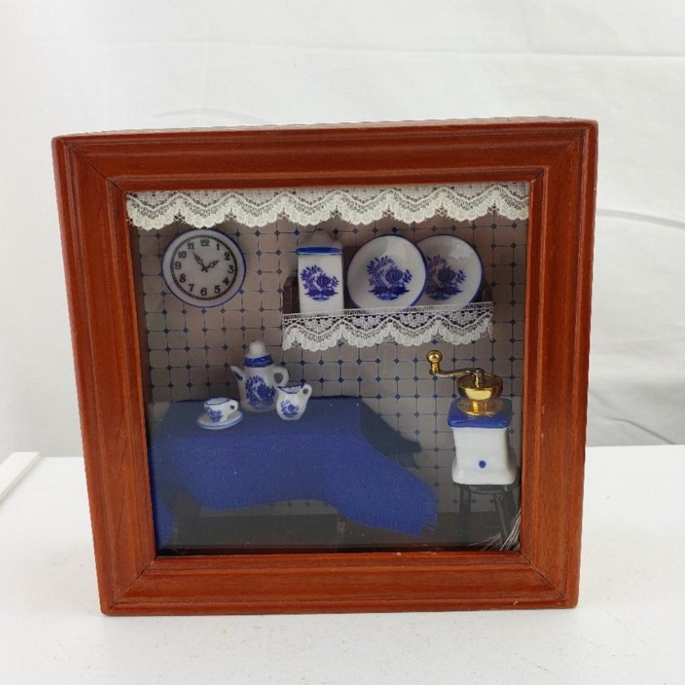 Reutter Original Germany Diorama Shadow Box Blue Kitchen Miniatures Tea Set